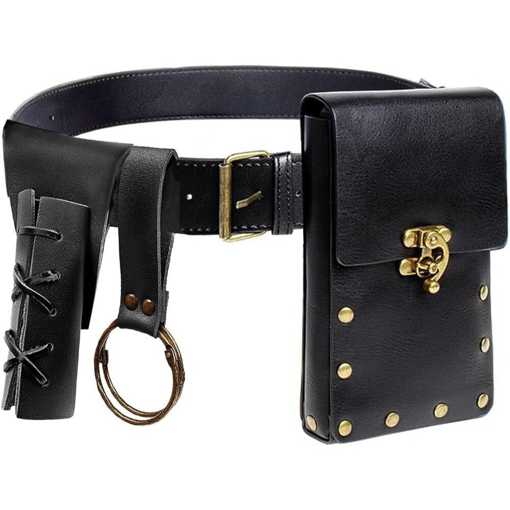 Steampunk Black Leather Belt Pouch Waist Bag Medieval Phone Holder CosplayX